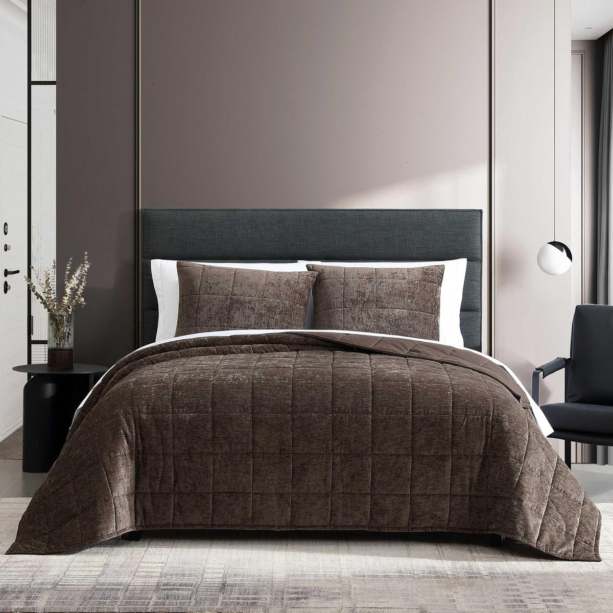 Vera Wang - King Quilt Set, Soft Lightweight Quilt Set with Matching Sham(s), Super Soft and Cozy Home Decor, (Chenille Box Solid Chocolate Brown, King)