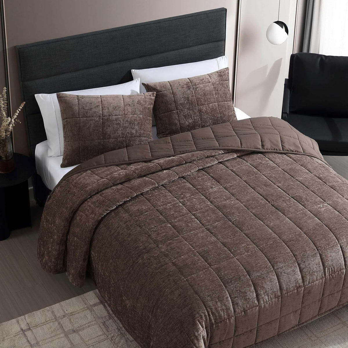 Vera Wang - King Quilt Set, Soft Lightweight Quilt Set with Matching Sham(s), Super Soft and Cozy Home Decor, (Chenille Box Solid Chocolate Brown, King)