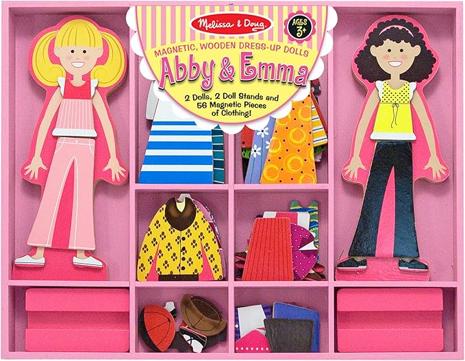 Melissa & Doug Abby and Emma Deluxe Magnetic Wooden Dress-Up Dolls Play Set (55+ pcs) Magnetic Paper Dolls for Kids Ages 3+ (New)