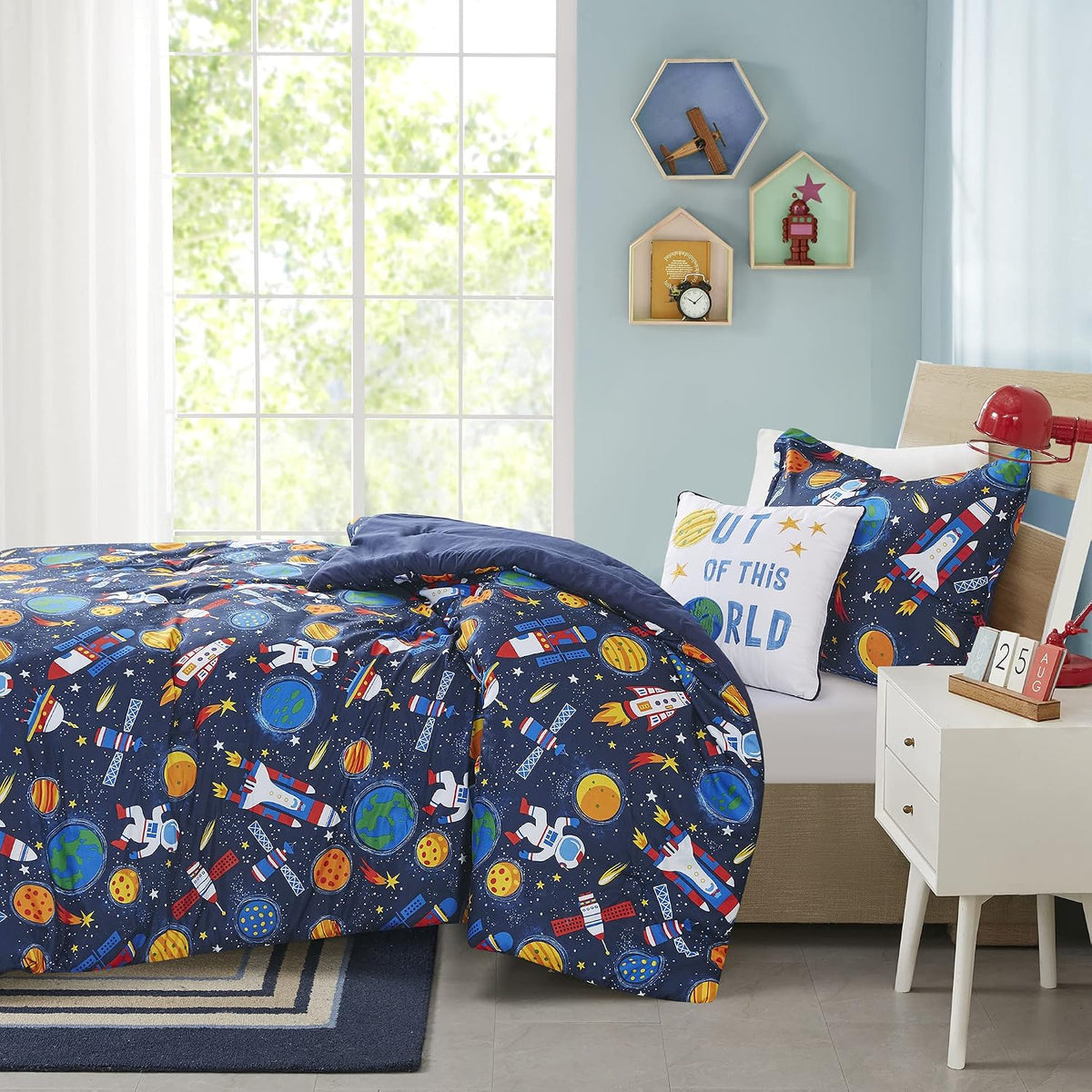 Intelligent Design Kids Space Rocket Ships Navy Queen Comforter Set, 4pc