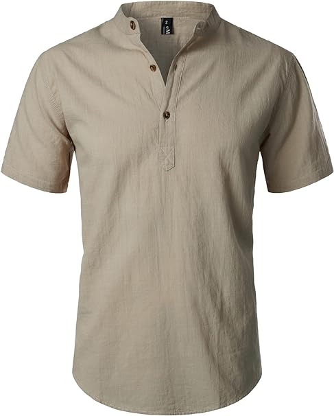 LucMatton Men's Casual Cotton Linen Short Sleeve Henley Shirt Summer Lightweight Banded Collar Beach Tops