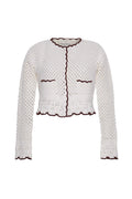 Cara Cara- Alma Cardigan (S) Chic Crocheted White with Brown Trim