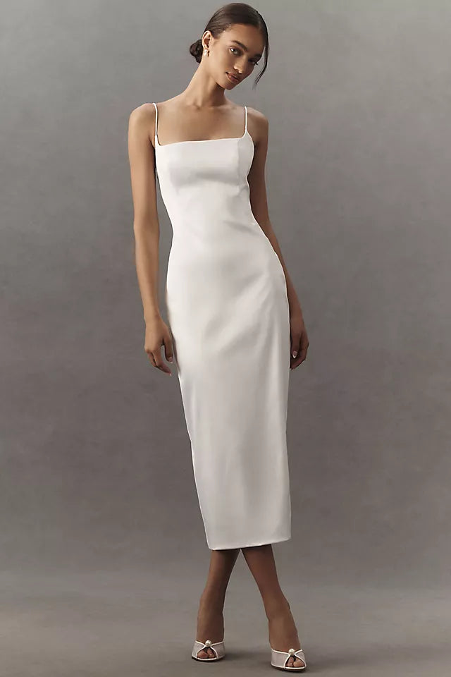 BHLDN Square-Neck Back-Slit Slim Stretch Satin Midi Dress Size S