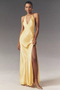 Bardot Yve V-Neck Halter Open-Back Front-Slit Silky Slip Maxi Dress - Gold