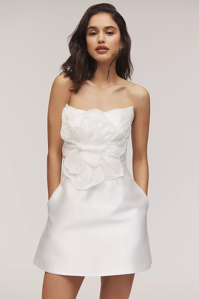 Watters Brie Strapless Embellished Pearl Floral A-Line Mini Dress Size 0