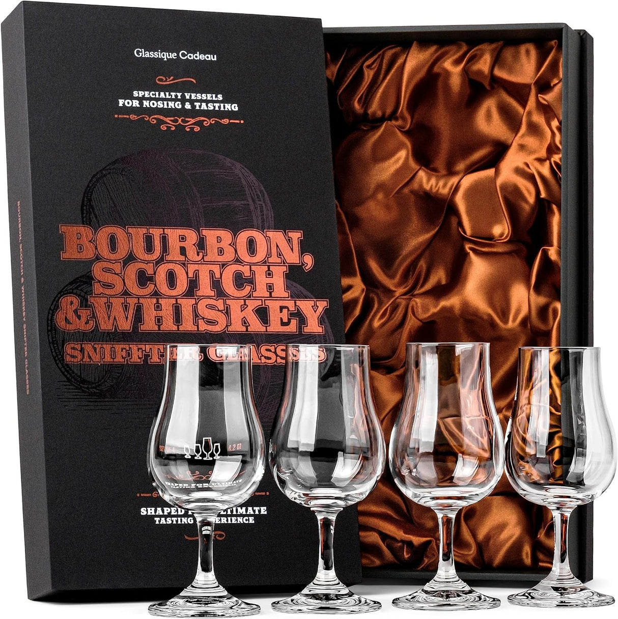 Whiskey, Scotch, Bourbon Tasting Glasses | Set of 4 Crystal Snifters | Professional 4 oz Tulip Shaped Nosing Copitas with Short Stem | Small Stemmed Gift Sniffers for Sipping Neat Liquor(New Open Box)