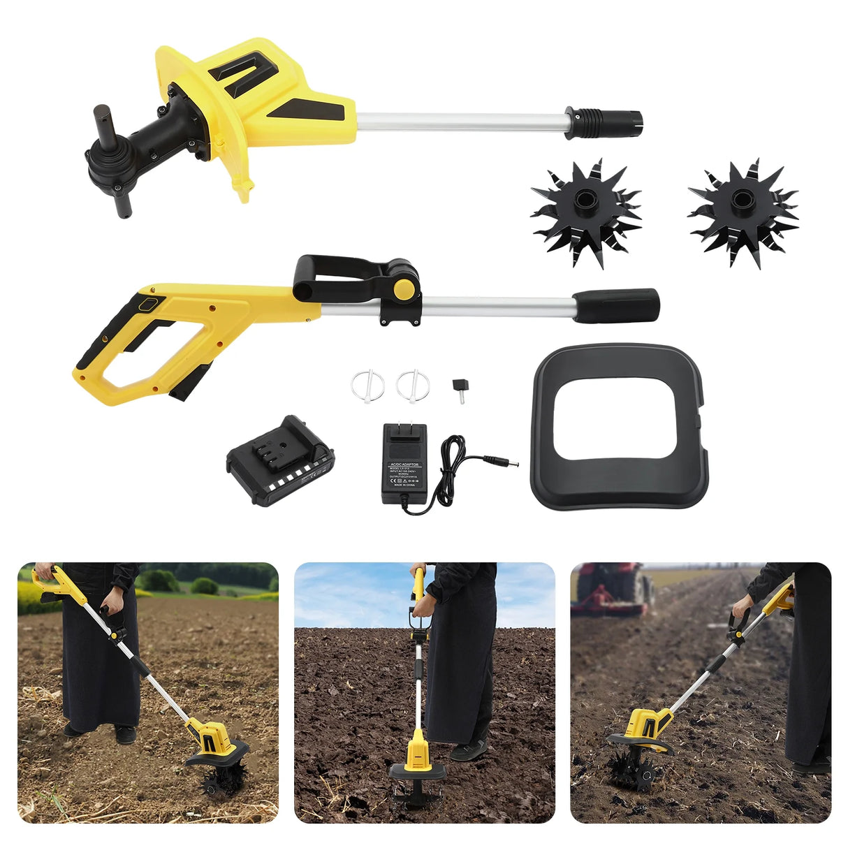 Cordless Battery Powered Tiller Cultivator, Portable 20V Tiller Cultivator 8.6 Inch Tilling Width, Garden Cultivator Cordless Tilling Machine with 2AH Battery and Charger Included