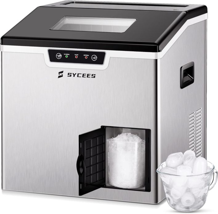 SYCEES 2-in-1 Countertop Ice Maker Machine & Ice Shaver - 44lbs/Day, 18 Ice Cubes in 11 Mins, Automatic/Manual Water Filling with Water Filter, Basket and Scoop, Stainless Steel