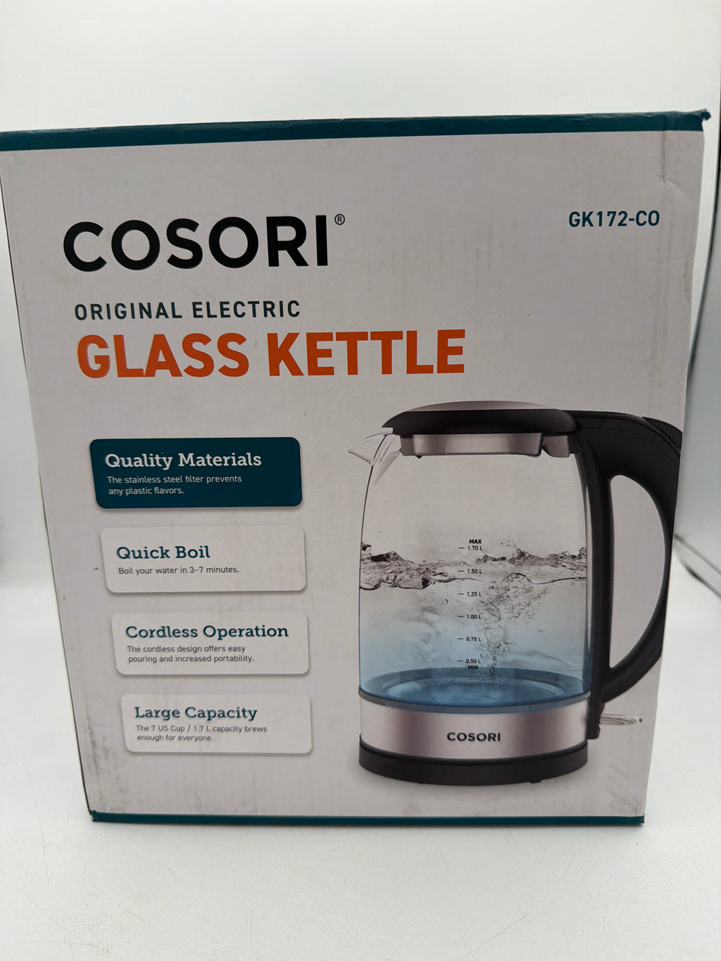Cosori Electric Kettle, No Plastic Contact With Water, Wide Mouth For Easy Cleaning, Auto Shut Off, 1.7L Tea Kettle