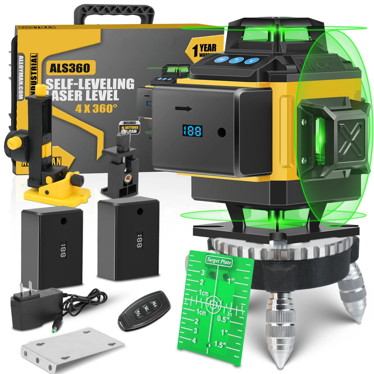 (ALS360) Alloyman 16 Line Laser Level Self Leveling 4x360° Green Laser with 2Pcs Rechargeable Lithium Batteries