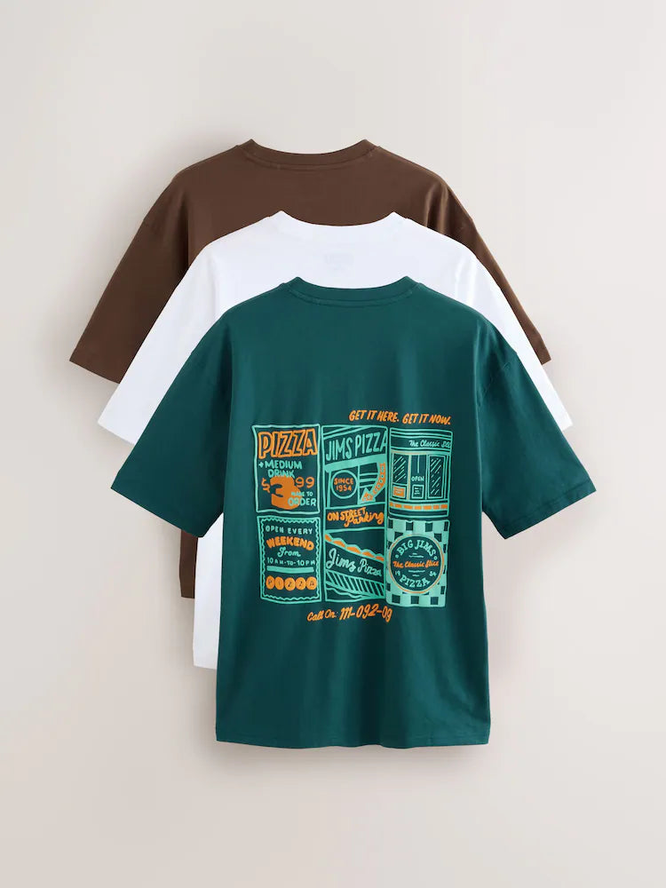 White/Green/Brown Graphic Print Heavyweight T-Shirts (3 pack) by Next - XL