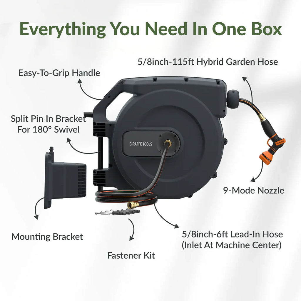 Giraffe Tools - Retractable Garden Hose Reel-5/8 in-115ft, Wall-Mount