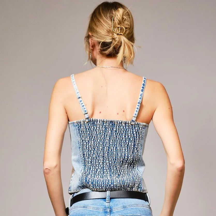Blue B Women's Light Wash Floral Embroidered Sequin Denim Cami Top, Medium