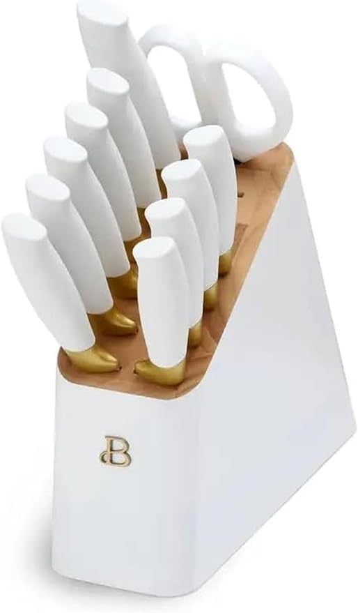 Beautiful 12 Piece Stainless Steel Knife Block Set, Soft-Grip Handles White Icing by Drew Barrymore