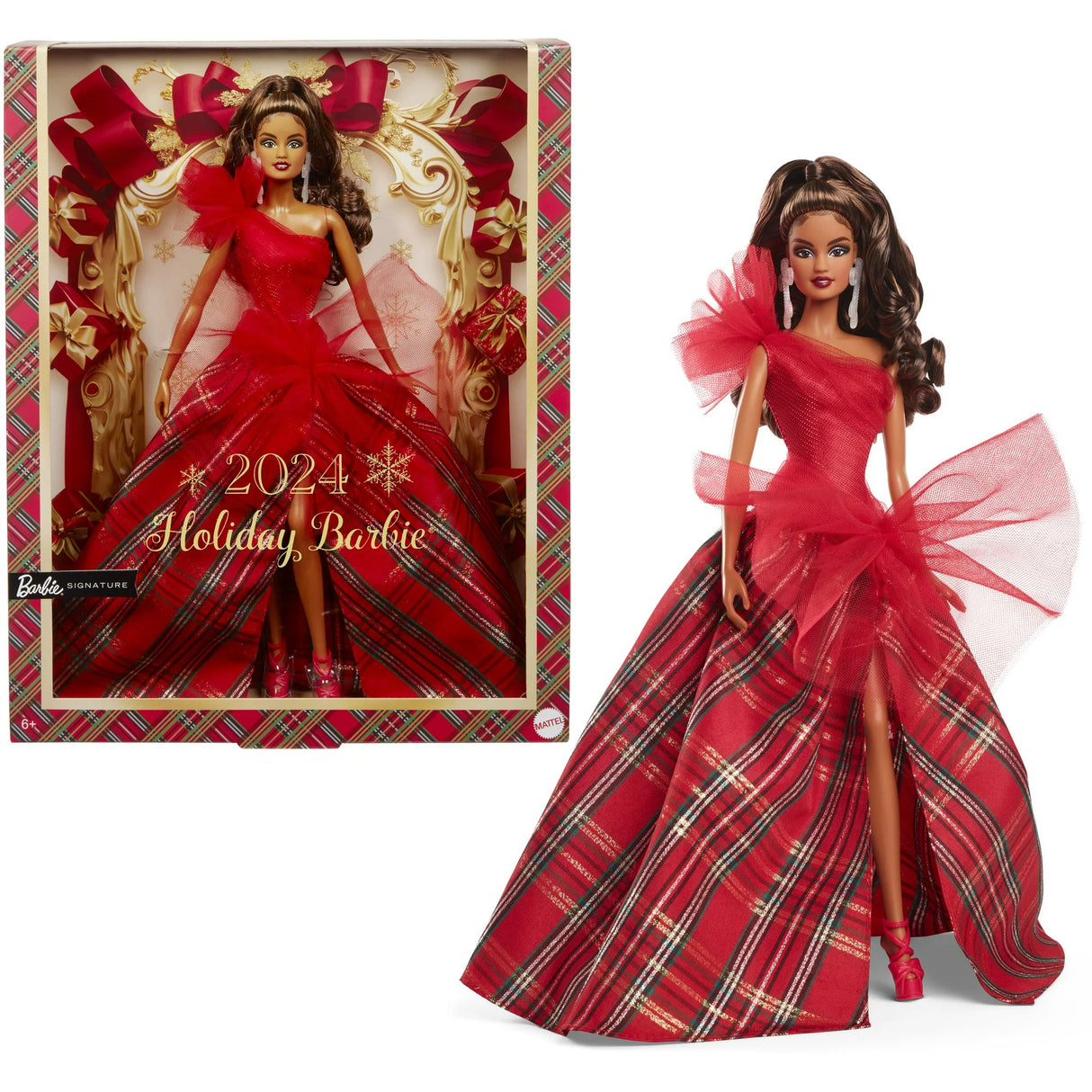 Barbie 2024 Holiday Barbie Dolls, Seasonal Collector Toy, Barbie Signature, Plaid Gown with Red Bow, Displayable Packaging, Dark Brown Hair (New, Open Box)