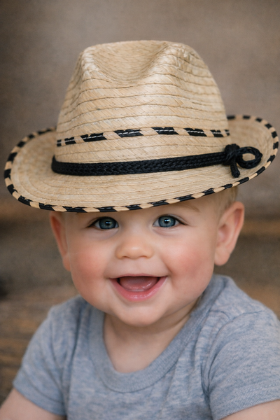 SOM-PAL Hats Valdez Kids - Baby Cowboy Hat in Natural Palm With Black Woven Brim - Mexican Size 42