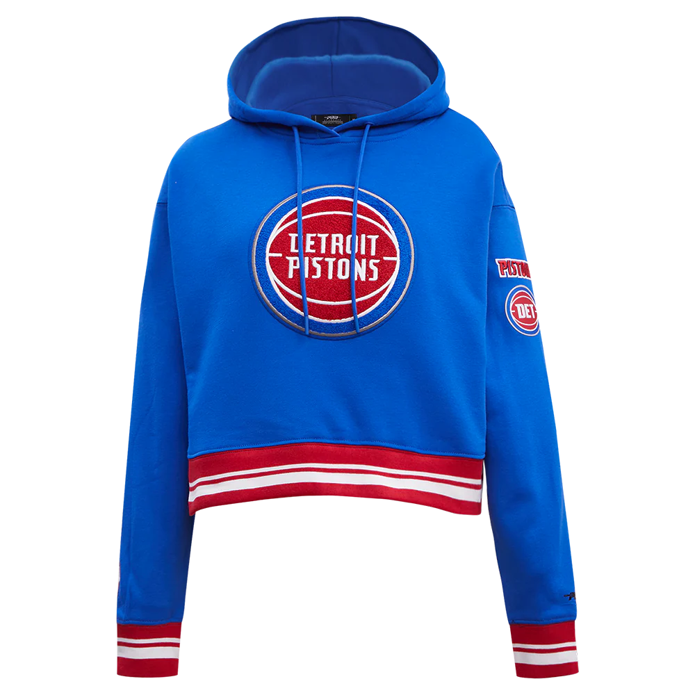 NBA DETROIT PISTONS RETRO CLASSIC WOMEN'S RIB CROPPED PULLOVER HOODIE- SMALL