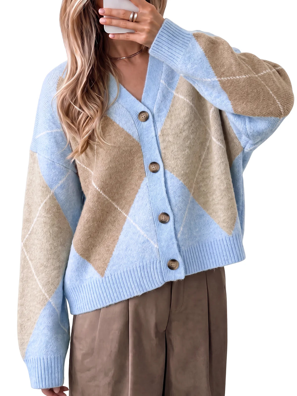 CicyBell Women's Blue Plaid Color-Block Cardigan, Size L