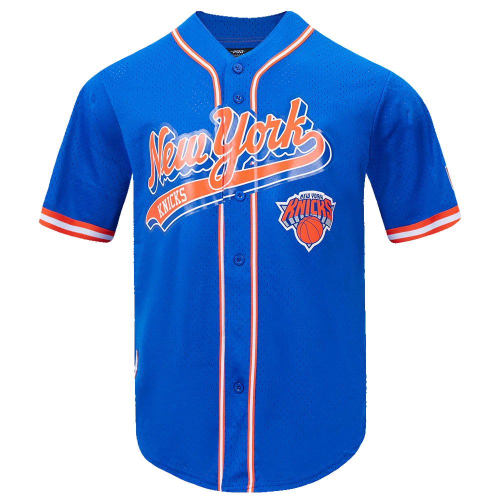NBA NEW YORK KNICKS SCRIPT TAIL MEN'S MESH BUTTON DOWN SHIRT SIZE: MED