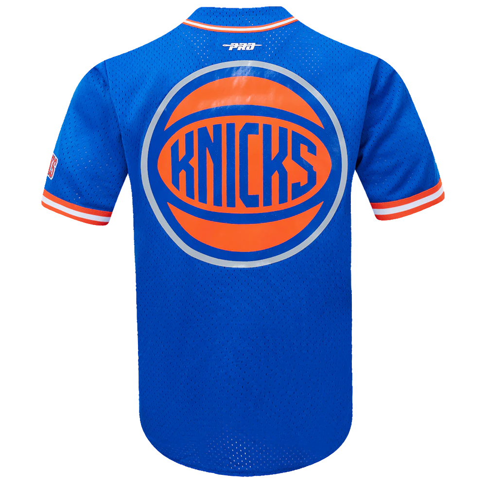 PRO STANDARD - NBA NEW YORK KNICKS SCRIPT TAIL MEN'S MESH BUTTON DOWN SHIRT - ROYAL BLUE/ORANGE - MD