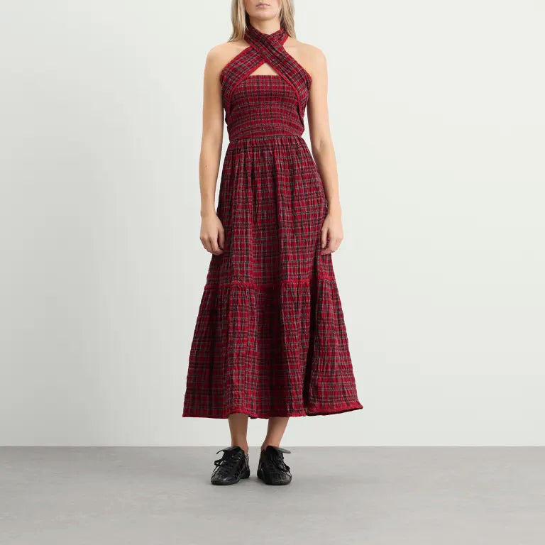 Damson Madder Mia Midi Dress - Red Plaid -Size 4