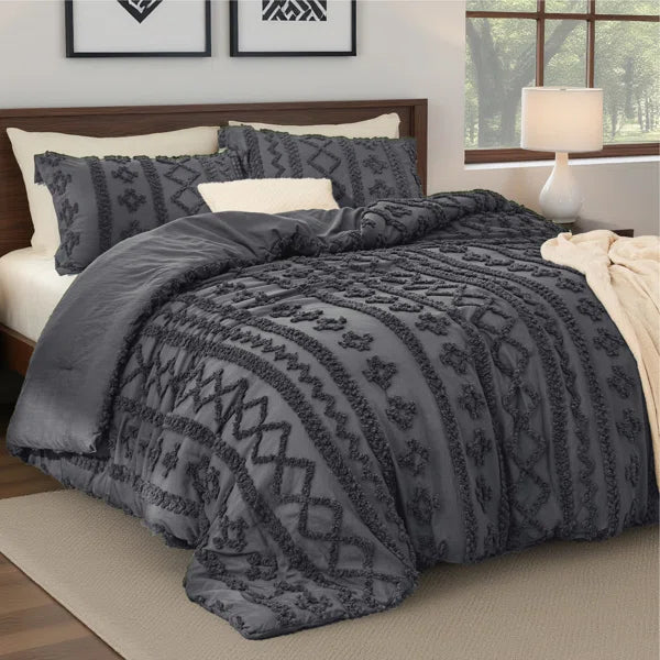 Tufted Boho Farmhouse Shabby Chic Embroidery Bedding Set , Queen