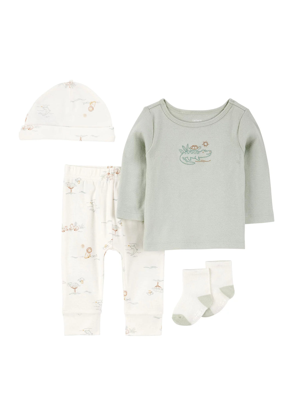 Carter's Baby Boys Cotton Turtle Top, Hat, Pants & Socks, 4 Piece Set-9M
