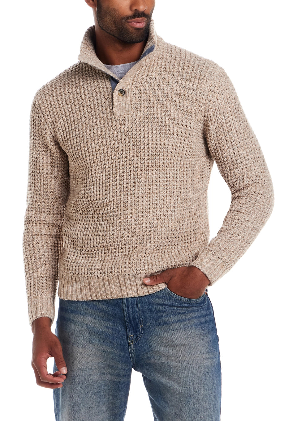 Weatherproof Men's Textured Quarter Button Mock Neck Sweater Size Medium
