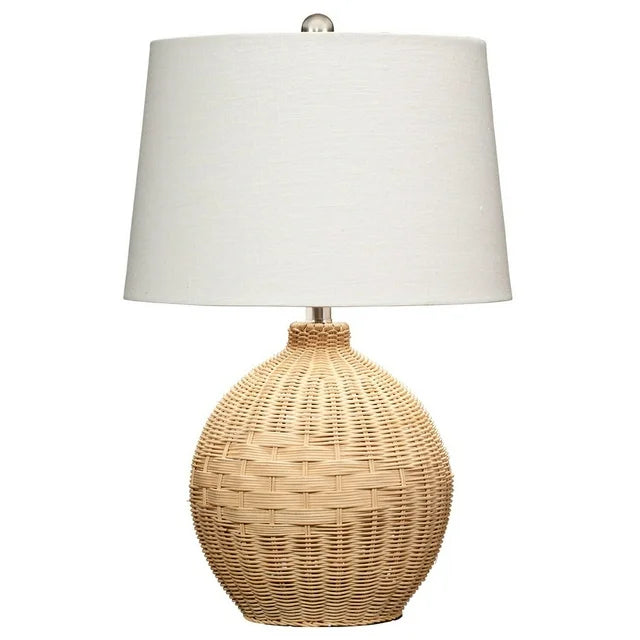 Benzara Cape 22 Inch Contemporary Rattan Table Lamp, Hand Woven, Linen Shade, Brown