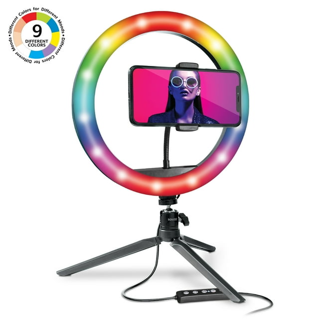 Bower 10 inch RGB Selfie Desktop Ring Light Stand Studio Kit - Ultra Wide Range, 9 Colors, 12 Brightness Levels, Special Effects, Tripod, Phone Clip/Holder