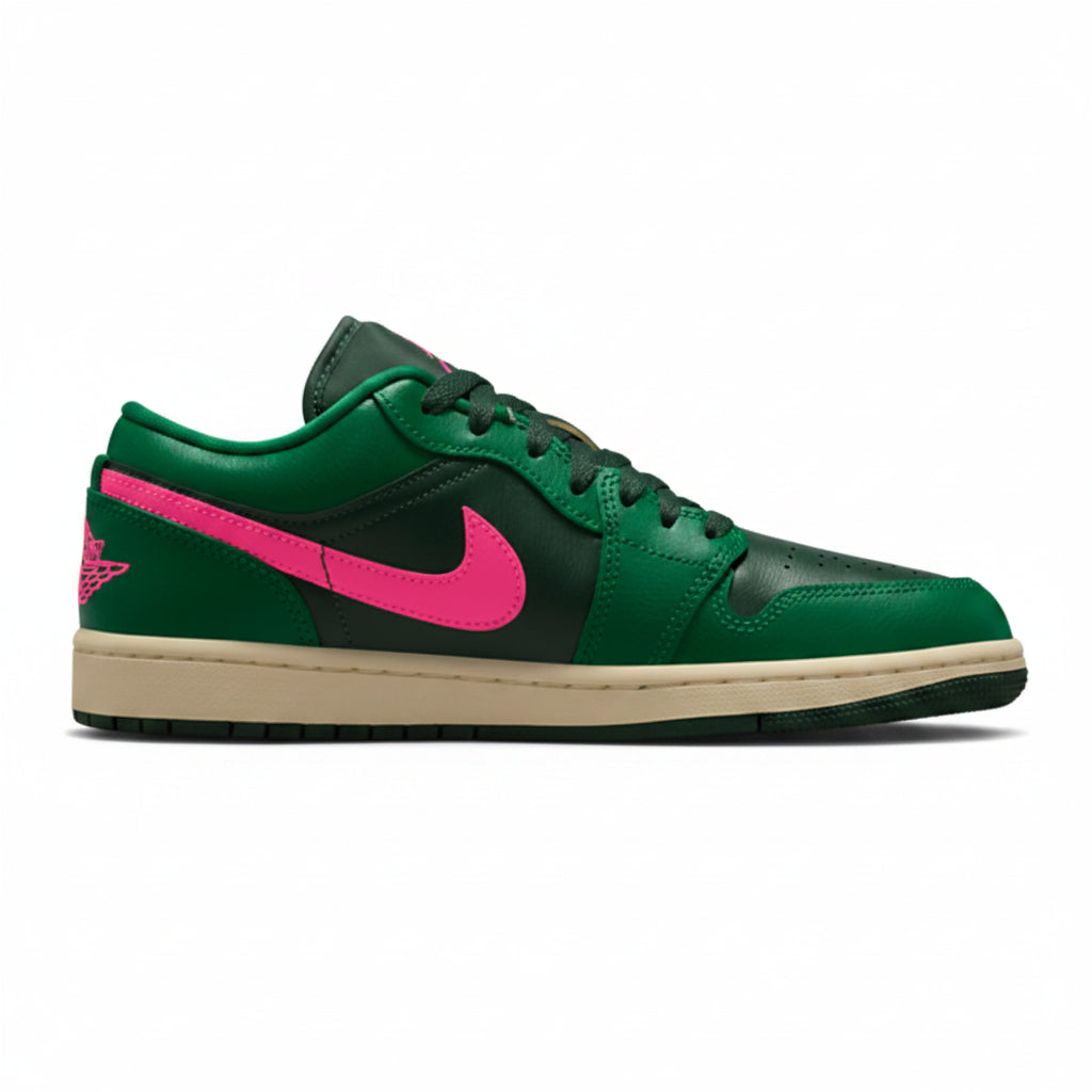 NIKE Women's Air Jordan 1 Low in Malachite/Pink Blast/Coconut Milk/Fir - 10