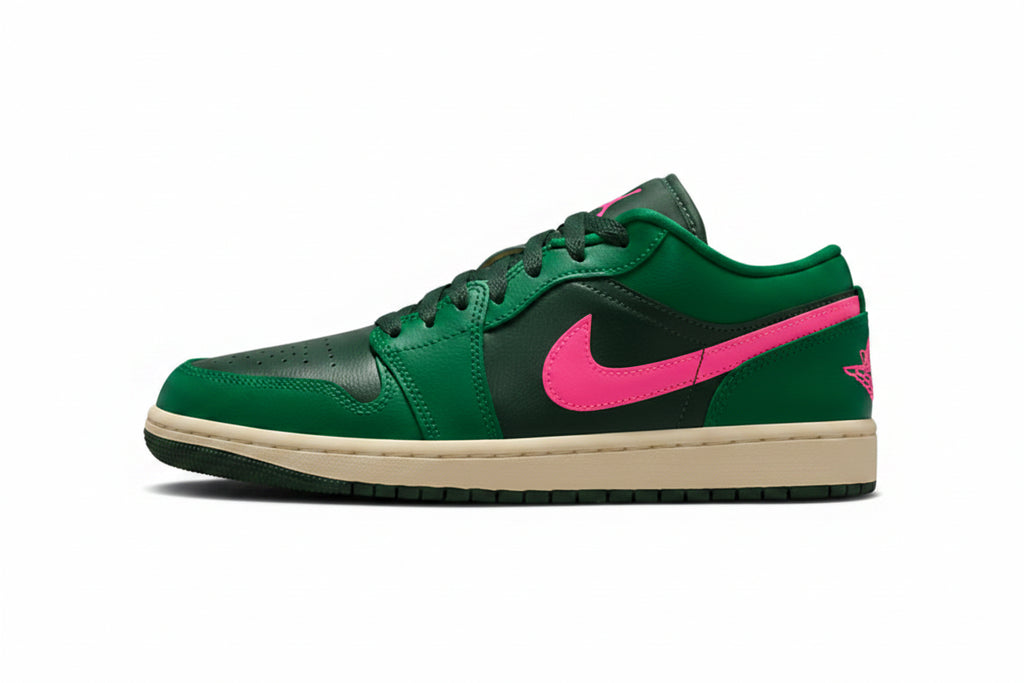 NIKE Women's Air Jordan 1 Low in Malachite/Pink Blast/Coconut Milk/Fir - 10