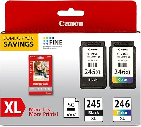 Canon PG-245 XL / CL-246 XL Genuine Ink Value Pack (2 Cartridges) with 50-Sheet Photo Paper, Compatible with iP2820, MG2420/2924/2920/3020/2522/2525, MX492, TS3120/302/302a/202/202a/4520/3320