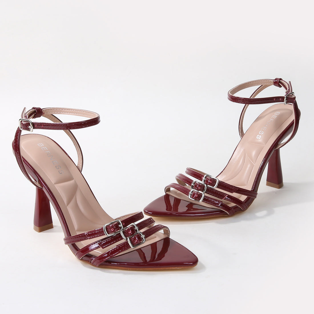 BERNESS Chic Triple Buckle Patent Heeled Sandals Burgundy Size: 7.5