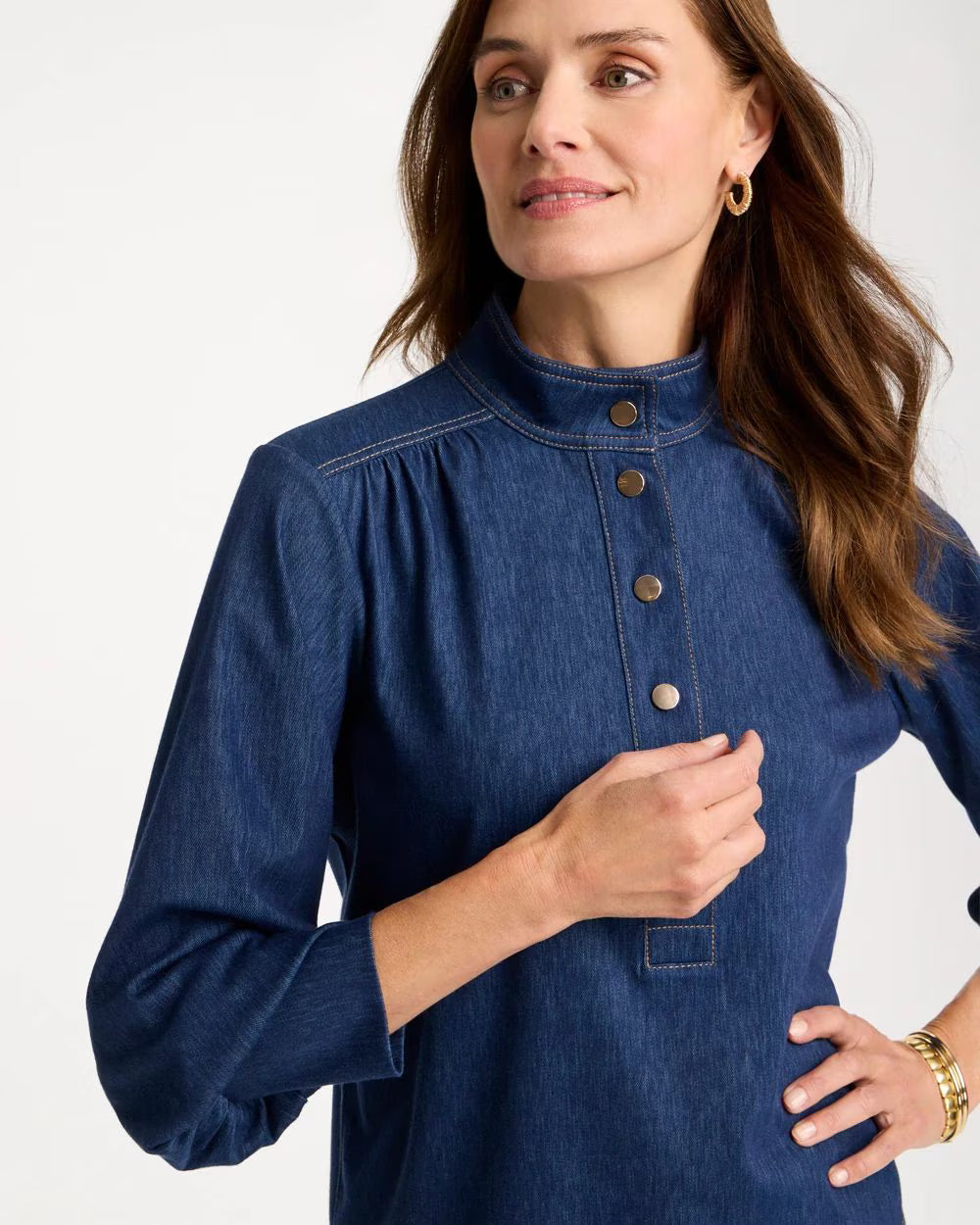 CHICO'S Denim Twill Snap Front Top, Women's, Passport Blue - 1 (8/10-M)