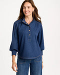 CHICO'S Denim Twill Snap Front Top, Women's, Passport Blue - 1 (8/10-M)