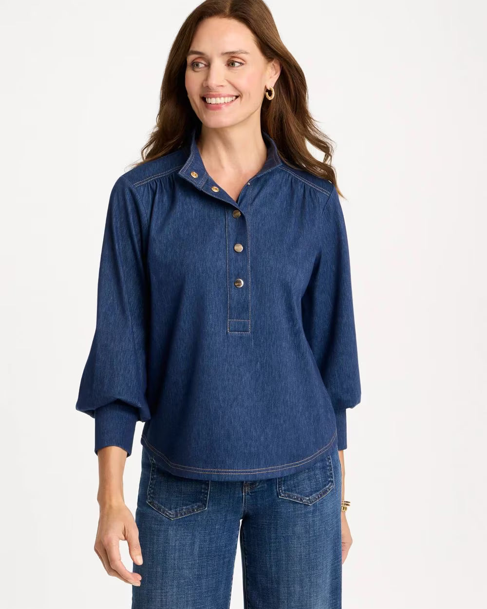 CHICO'S Denim Twill Snap Front Top, Women's, Passport Blue - 1 (8/10-M)