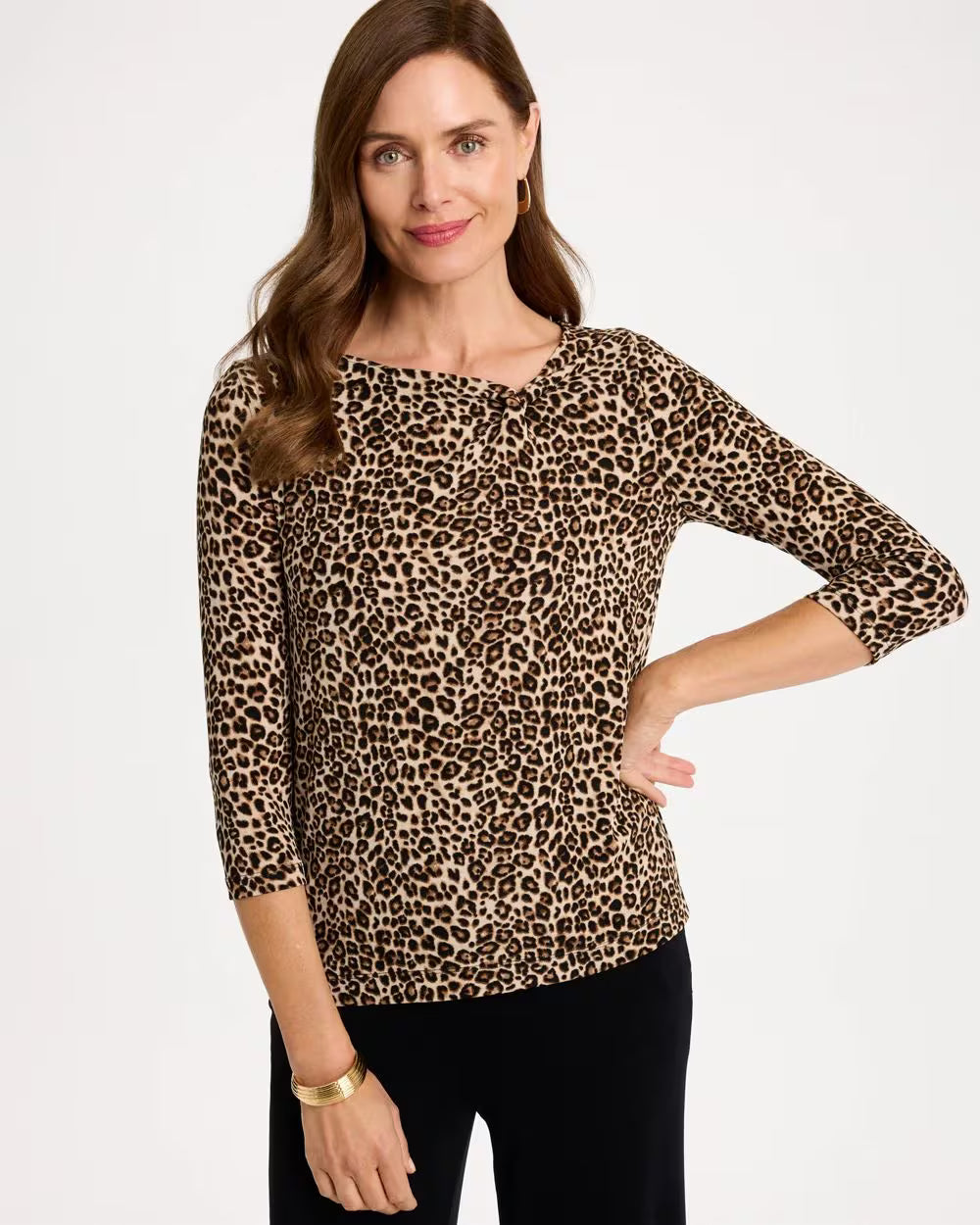 Chico's Travelers Leopard Twist-Neck Top, Women's, Canella Tan - 0 (4/6-S)