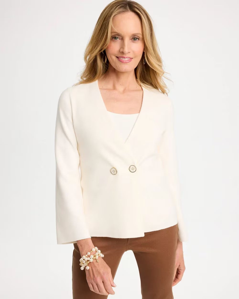 CHICO'S Double Breasted Long-Sleeve Cardigan, Soft Ivory - 1 (8/10-M)