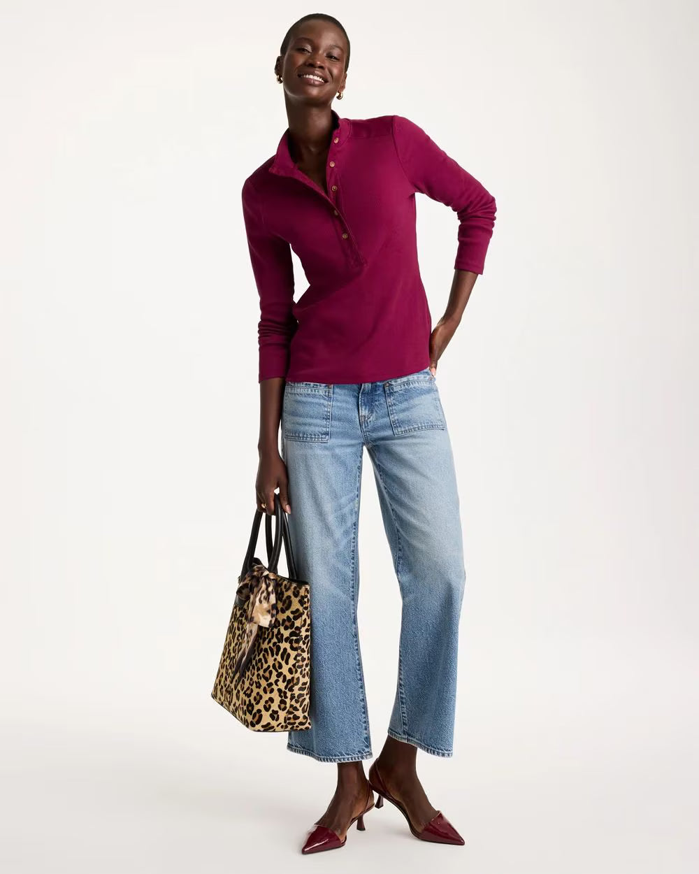 CHICO'S Cotton-Stretch Henley Tee, Pomegranate - 3 (16/18-XL)