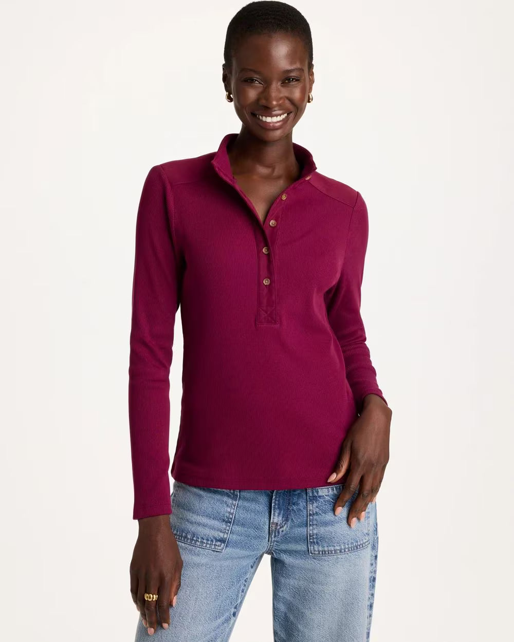 CHICO'S Cotton-Stretch Henley Tee, Pomegranate - 3 (16/18-XL)