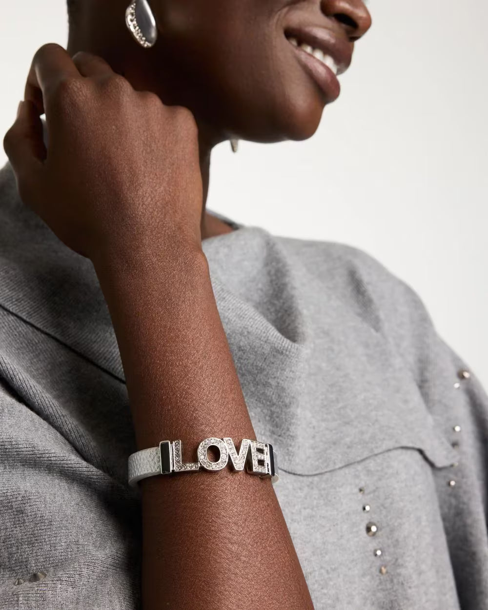 *Chico's Faux Leather Silvertone Love Bracelet, Silver