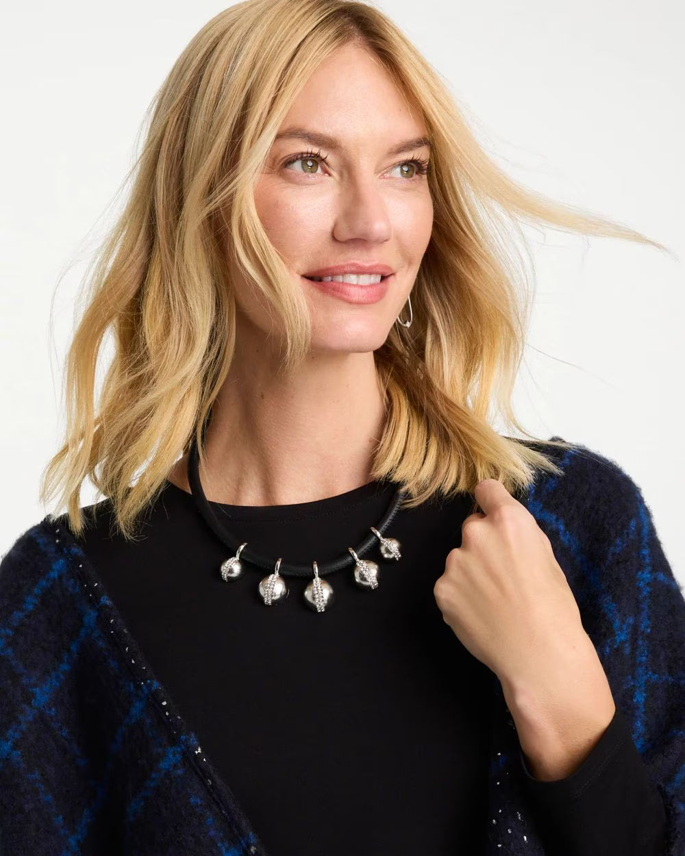 *Silvertone Spheres Faux Leather Cord Necklace, Silver