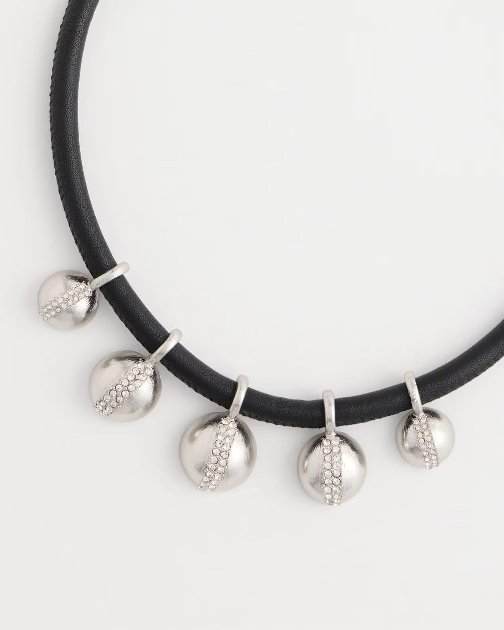 *Silvertone Spheres Faux Leather Cord Necklace, Silver