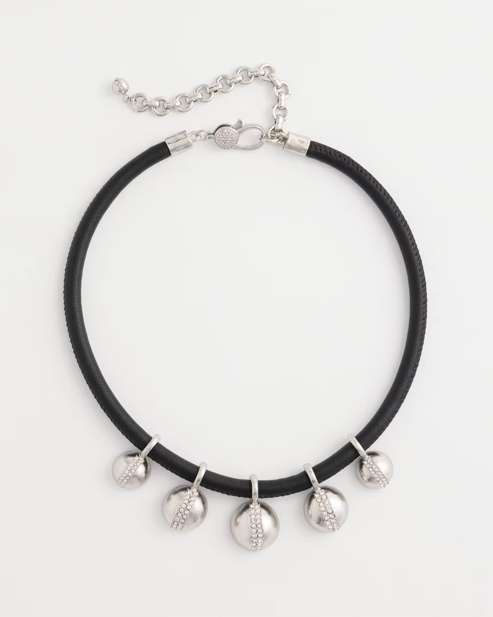 *Silvertone Spheres Faux Leather Cord Necklace, Silver