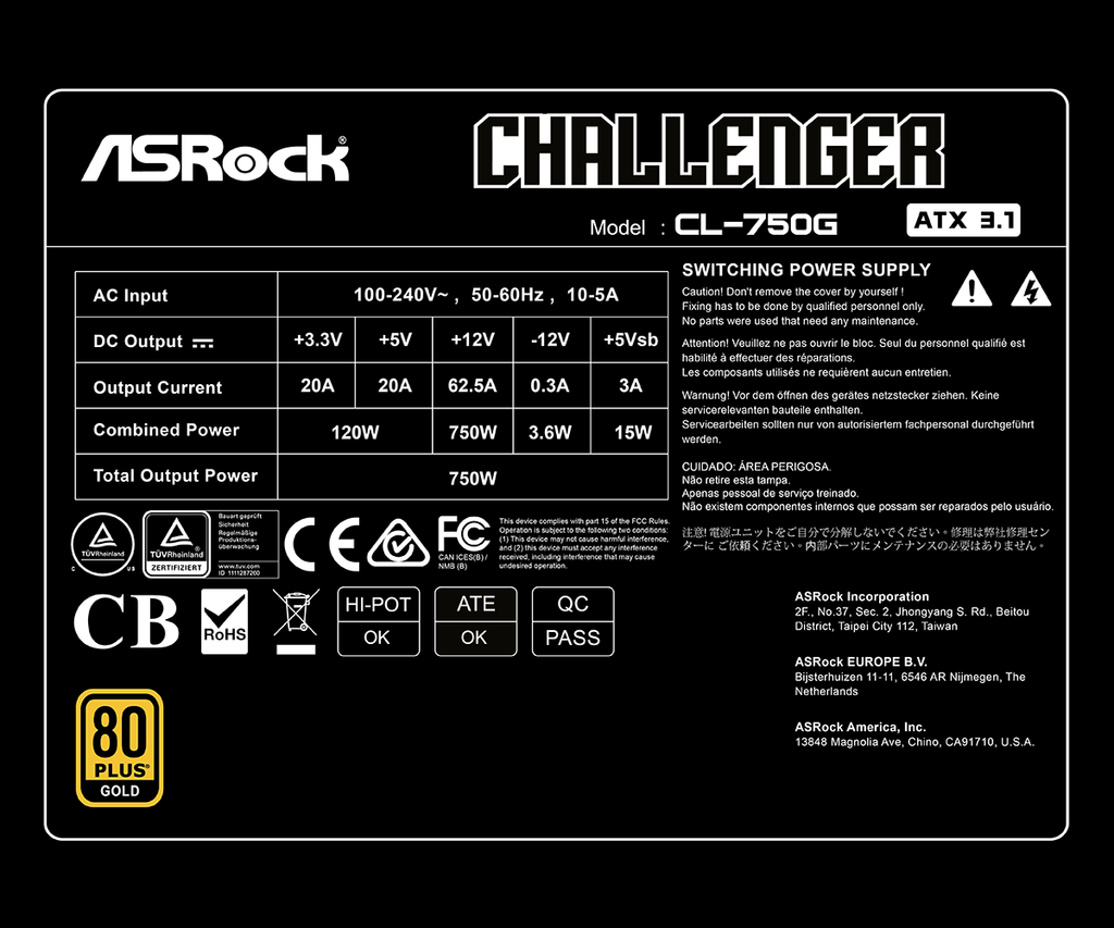 ASROCK Challenger Power Supply - CL-750G - NIB/Factory Sealed
