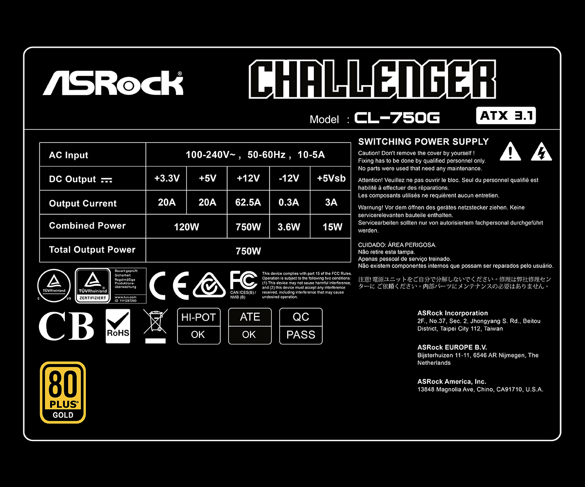 ASROCK Challenger Power Supply - CL-750G - NIB/Factory Sealed