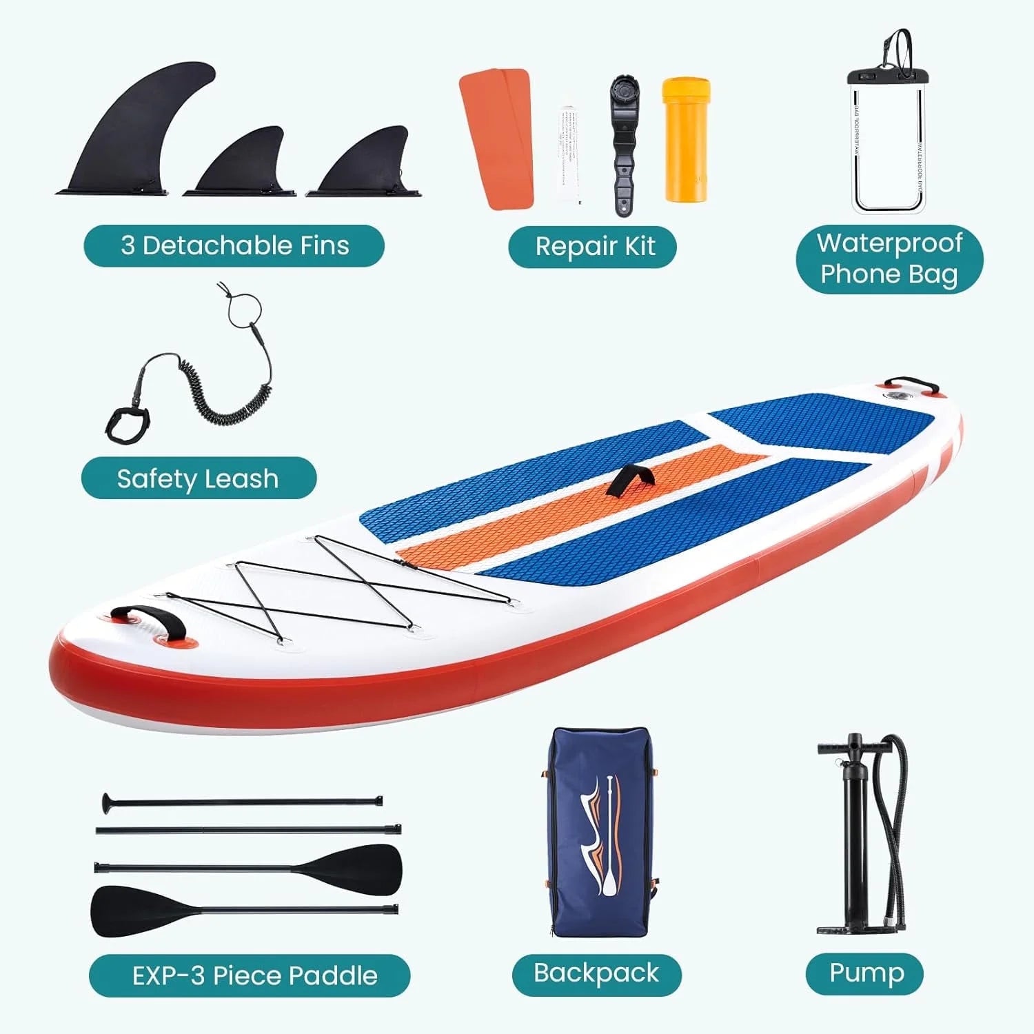 Inflatable Paddle Board with SUP Paddle Board Accessories - Blue Orange - Model JB-S126-BUOG