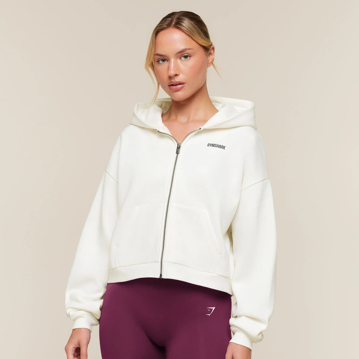 *GYMSHARK Women's Oversized Cosy Zip Through Hoodie, White, Small