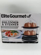 Elite Gourmet EGC314CB Digital Easy Egg Cooker Food Steamer, Poacher, Omelet, Soft, Medium, Hard-Boiled Egg with 6 Programmed Preset Functions, 2-Tiers, Measuring Cup, 14 egg capacity, Black